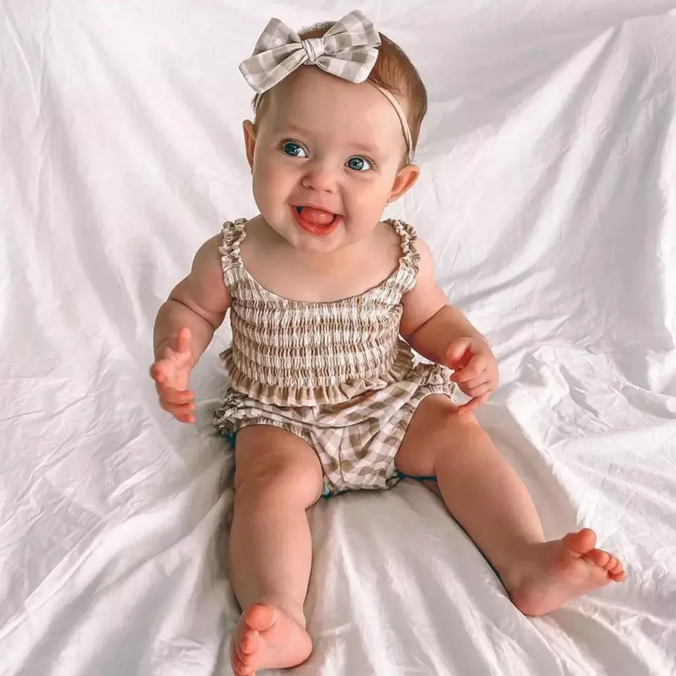 Abigail Ruffle Summer Set-Beige Gingham