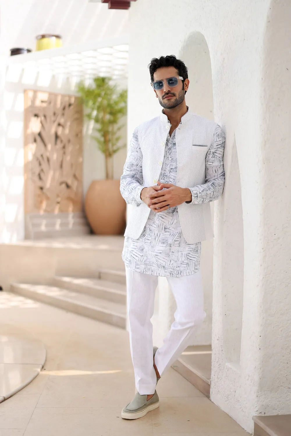 Ajrakh Block Printed Embroidered Kurta Bundi Set