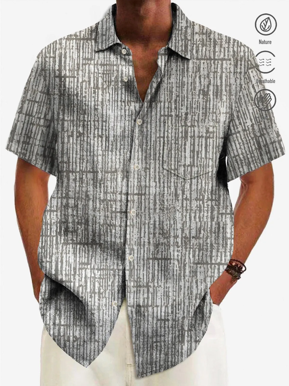 Alohadaddy 50's Vintage Mid-Century Geometric Men's Shirts Bamboo Texture Pocket Camp Shirts Big Tall