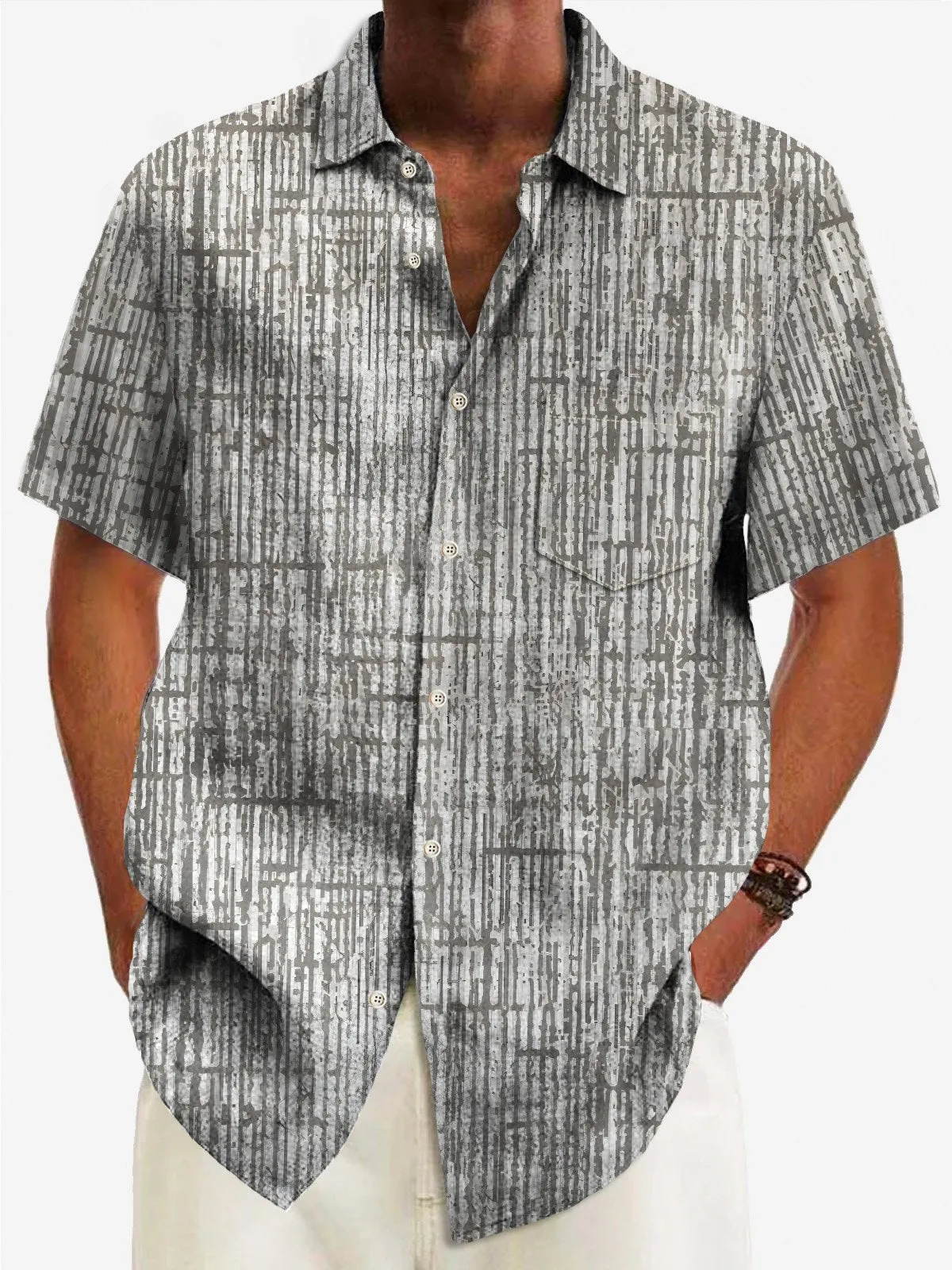 Alohadaddy 50's Vintage Mid-Century Geometric Men's Shirts Bamboo Texture Pocket Camp Shirts Big Tall