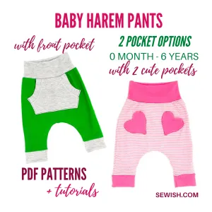 Baby Harem Pants with Pockets Sewing Patterns. Sizes 0 Month-6 YEARS