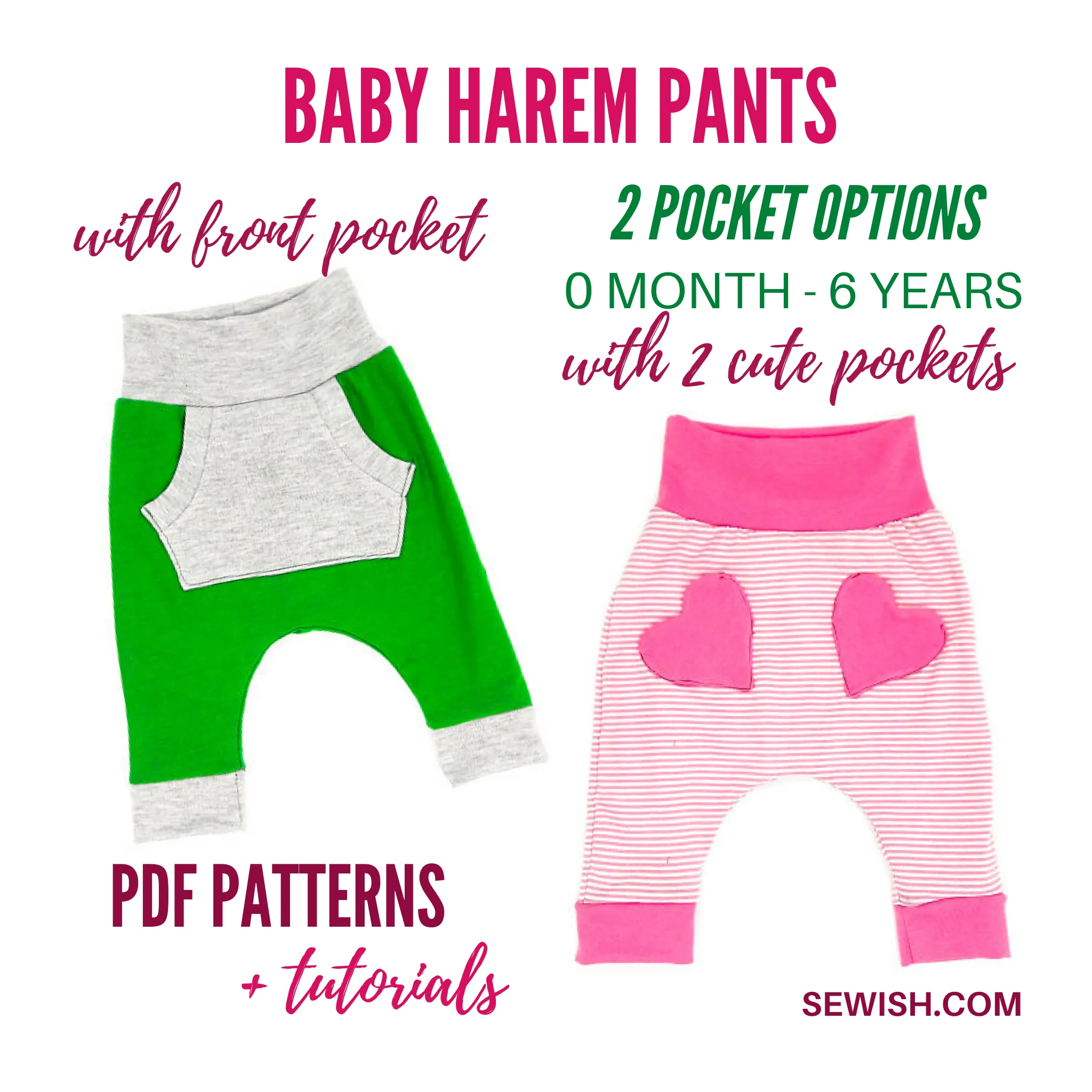 Baby Harem Pants with Pockets Sewing Patterns. Sizes 0 Month-6 YEARS