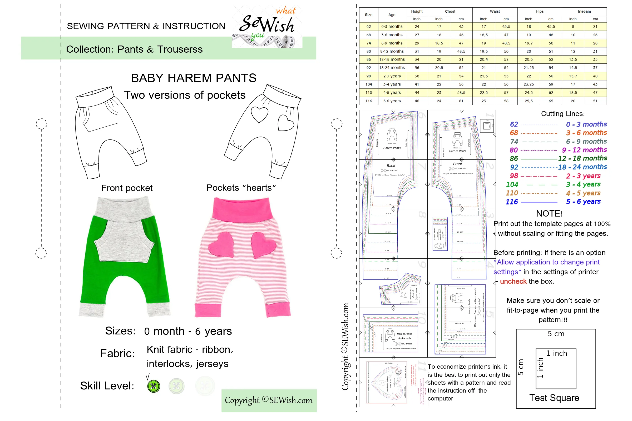 Baby Harem Pants with Pockets Sewing Patterns. Sizes 0 Month-6 YEARS