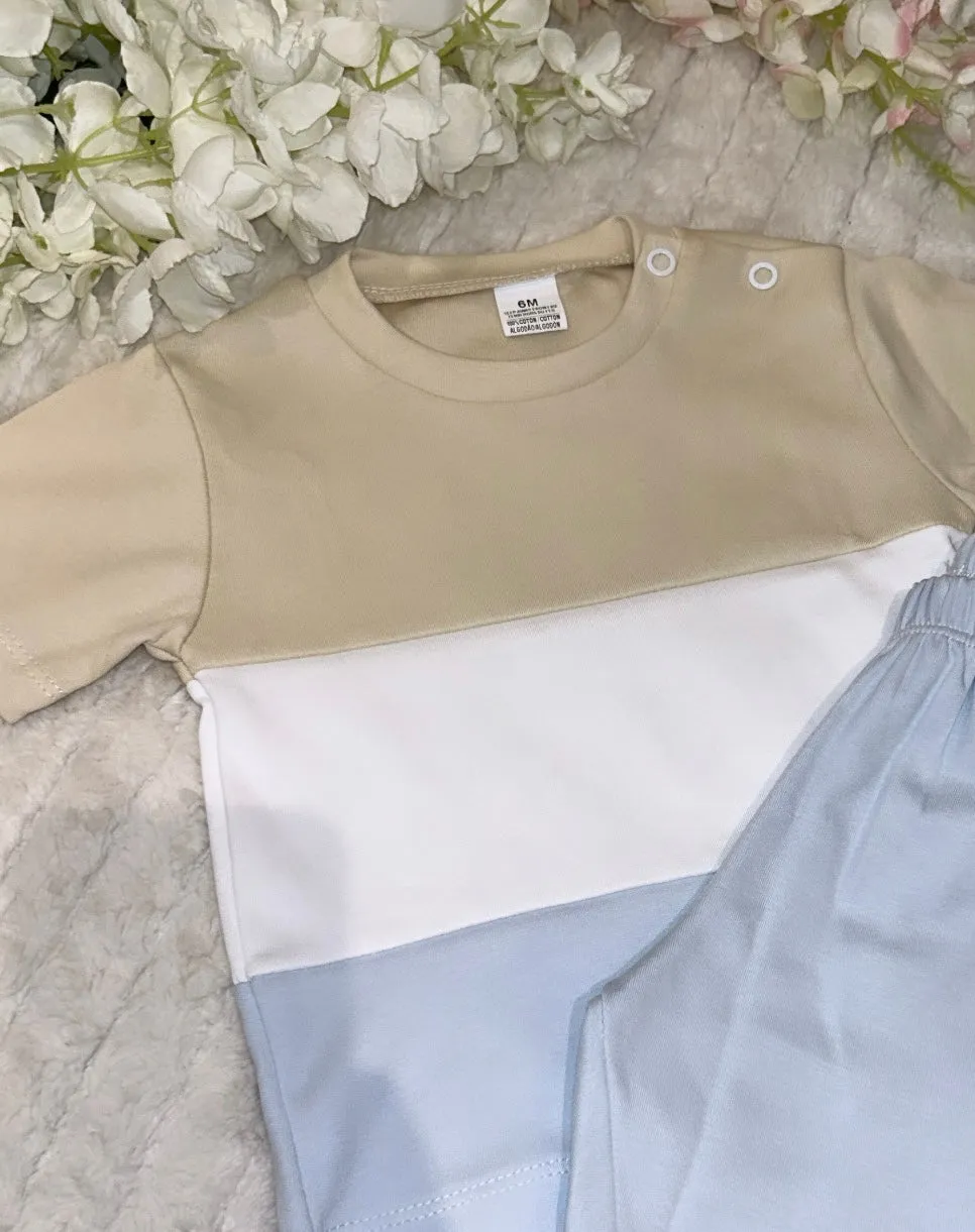 Beige blue & white shorts set