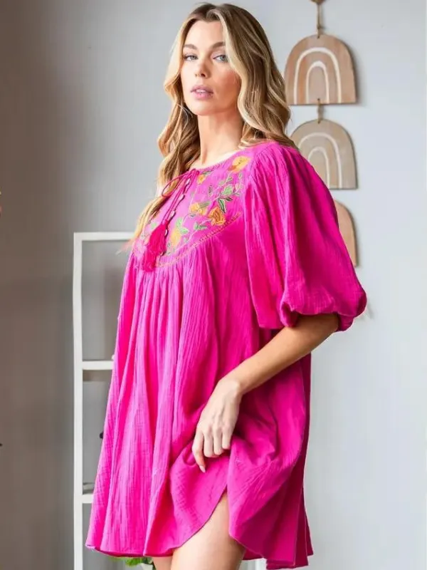 Berry Embroidered Gauze Tunic Dress