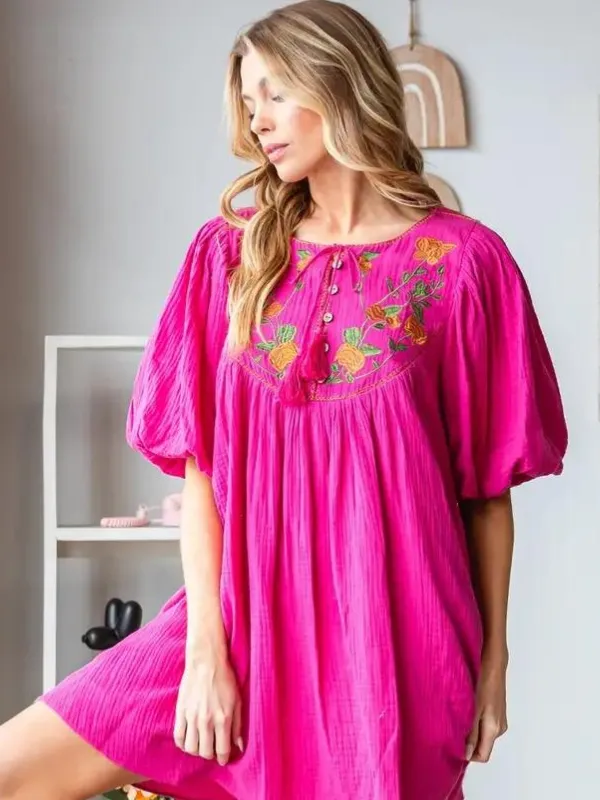 Berry Embroidered Gauze Tunic Dress