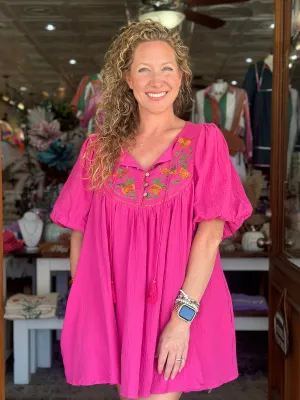 Berry Embroidered Gauze Tunic Dress