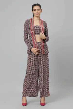BLACK GEOMETRIC PRINT CREPE BLAZER JACKET TEAMED WITH LINEN BUSTIER AND PANTS