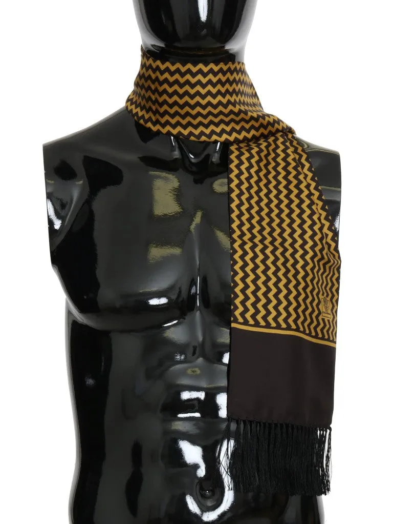 Brown Yellow Zigzag Pattern Silk Scarf