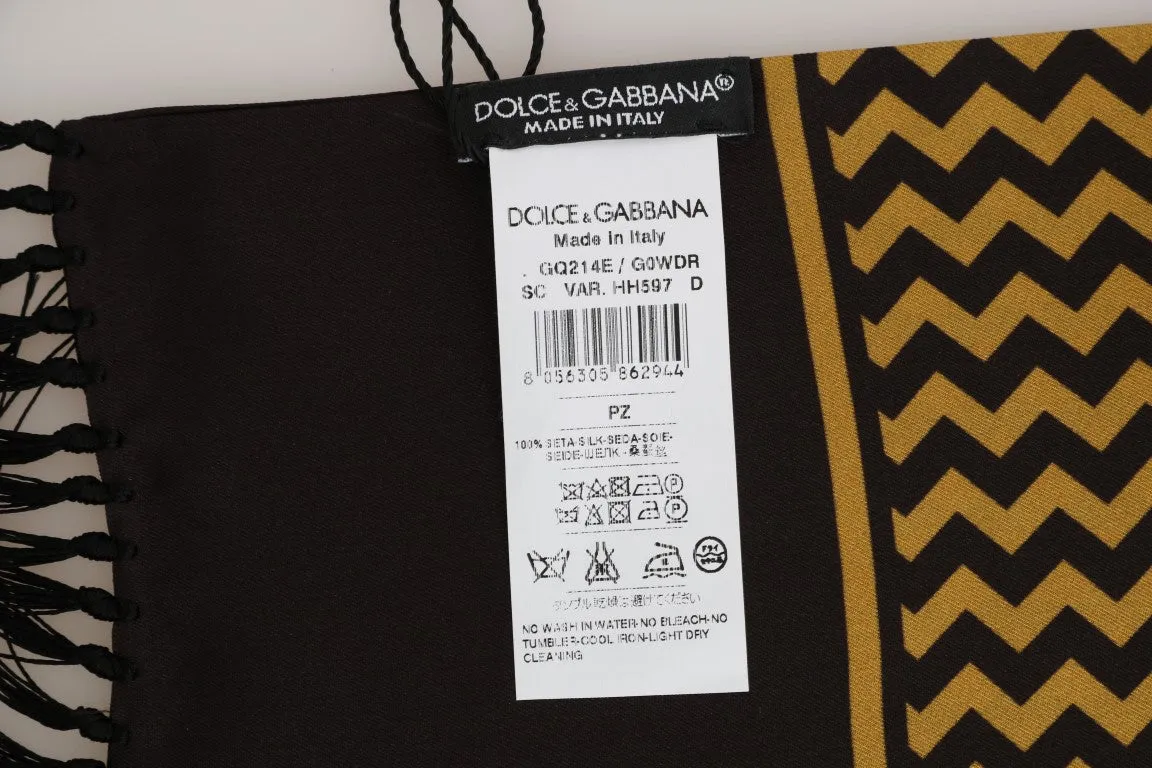 Brown Yellow Zigzag Pattern Silk Scarf