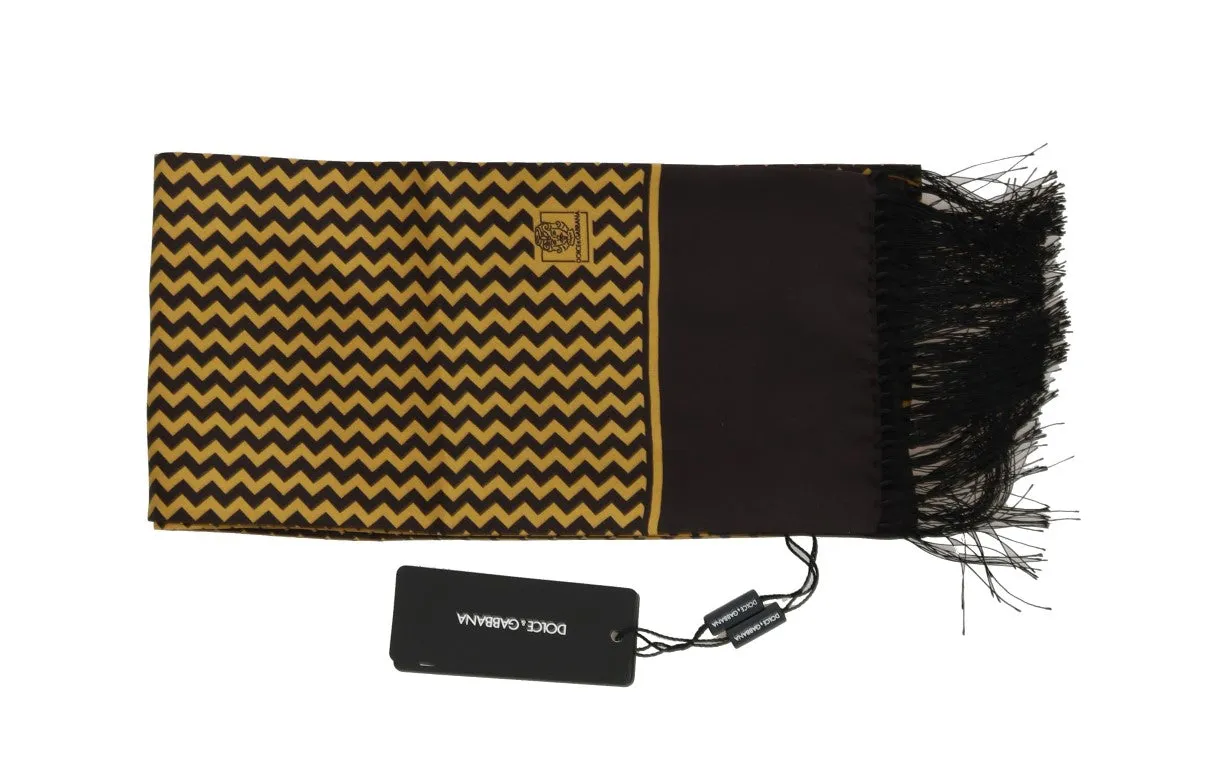 Brown Yellow Zigzag Pattern Silk Scarf