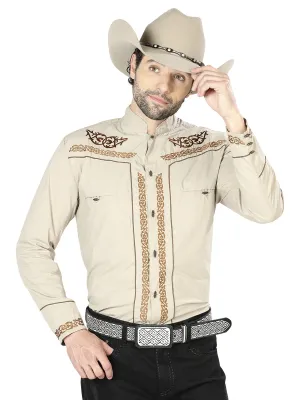 Camisa Vaquera Charra Bordada Manga Larga Caqui para Hombre 'El Señor de los Cielos' - ID: 42877