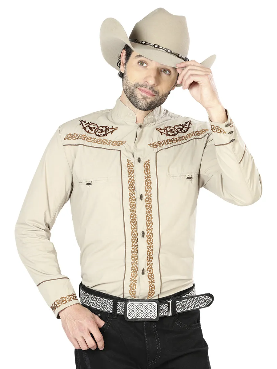 Camisa Vaquera Charra Bordada Manga Larga Caqui para Hombre 'El Señor de los Cielos' - ID: 42877