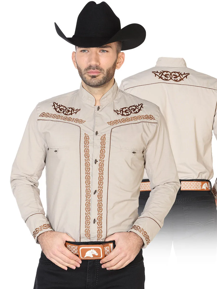 Camisa Vaquera Charra Bordada Manga Larga Caqui para Hombre 'El Señor de los Cielos' - ID: 42877