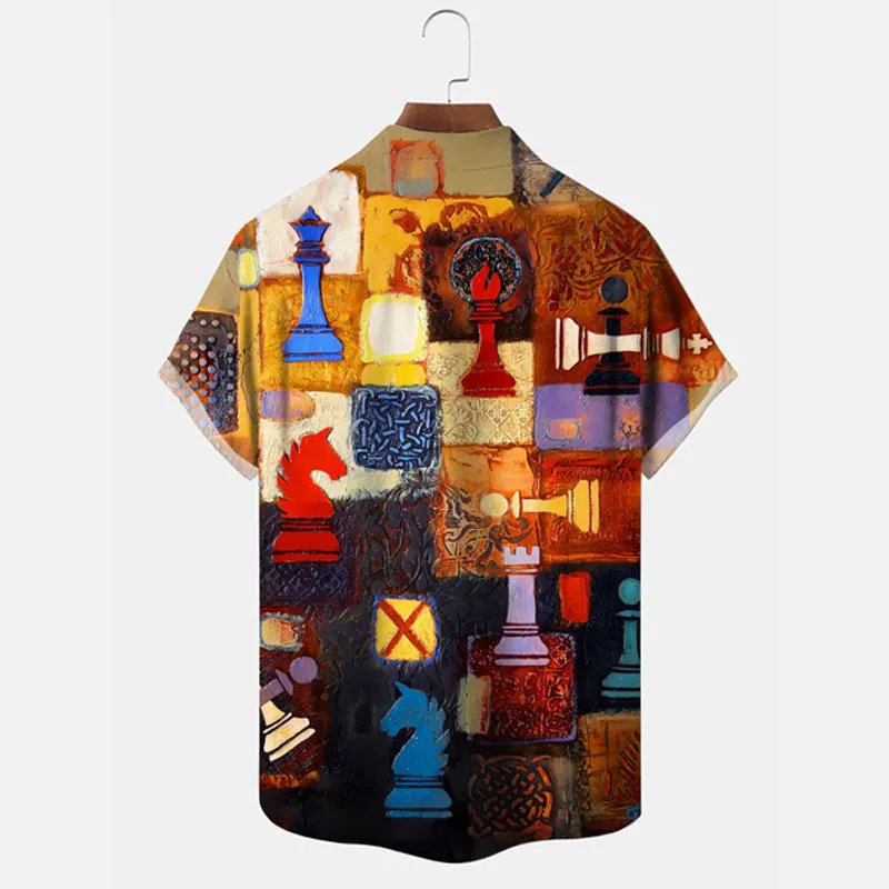 Chess Geometric Printed Button Casual Short Sleeve Shirt