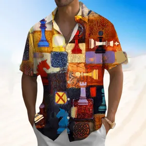 Chess Geometric Printed Button Casual Short Sleeve Shirt