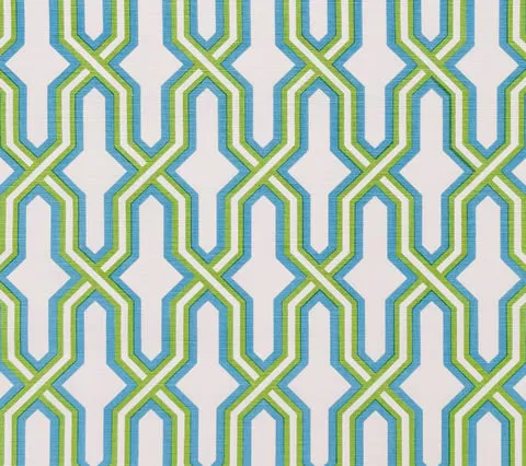 China Seas Fabric: Gorrivan Fretwork - Custom Grass Green / Sky Blue on White Belgian Linen / Cotton