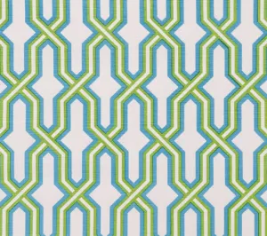 China Seas Fabric: Gorrivan Fretwork - Custom Grass Green / Sky Blue on White Belgian Linen / Cotton
