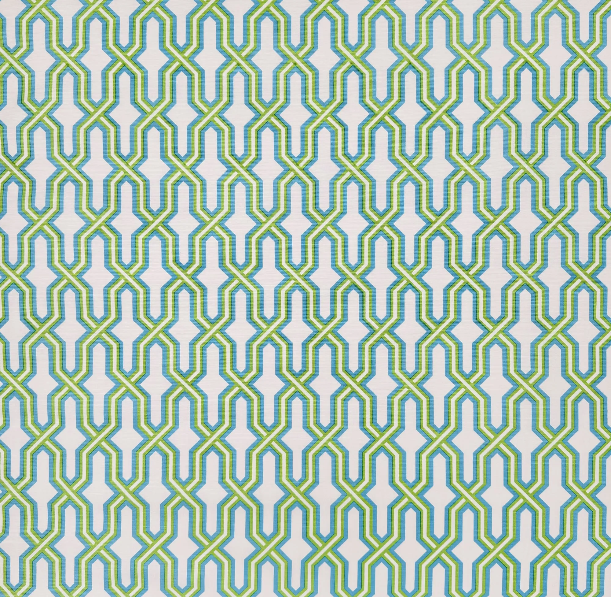 China Seas Fabric: Gorrivan Fretwork - Custom Grass Green / Sky Blue on White Belgian Linen / Cotton