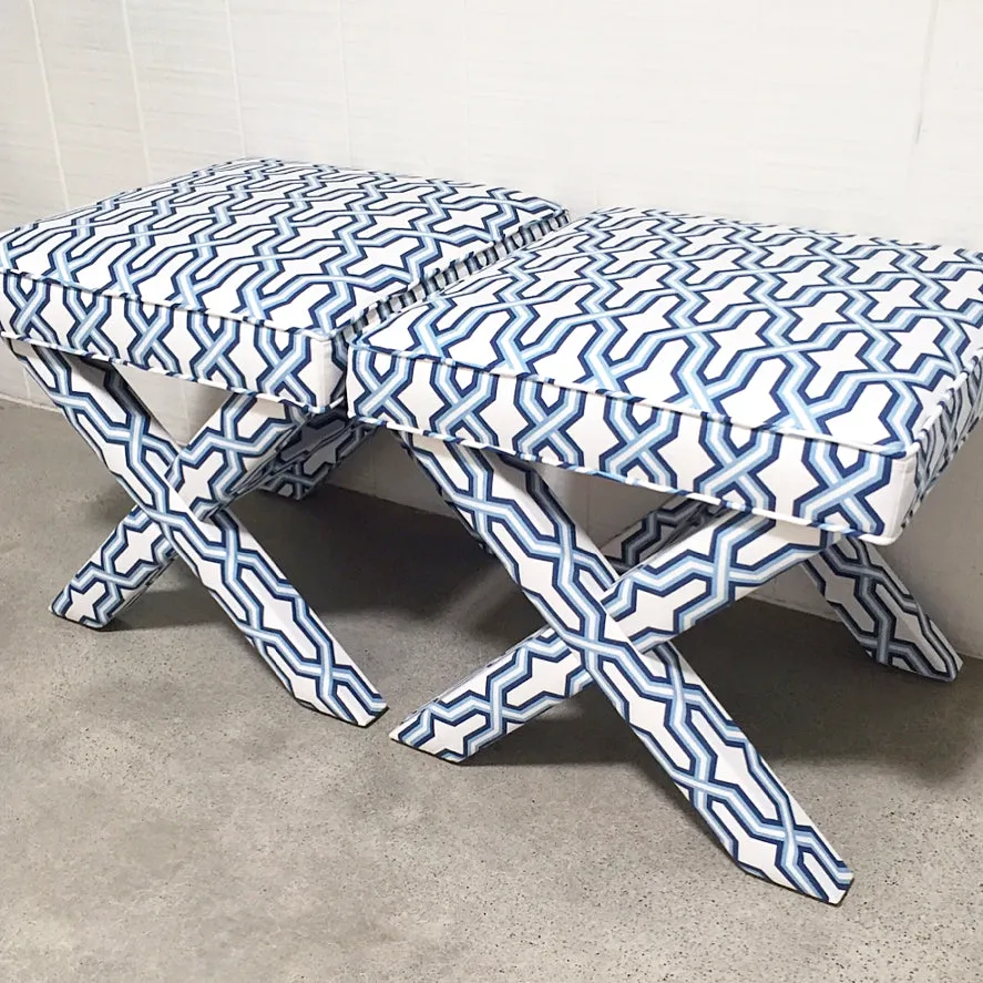 China Seas Fabric: Gorrivan Fretwork - Custom Grass Green / Sky Blue on White Belgian Linen / Cotton