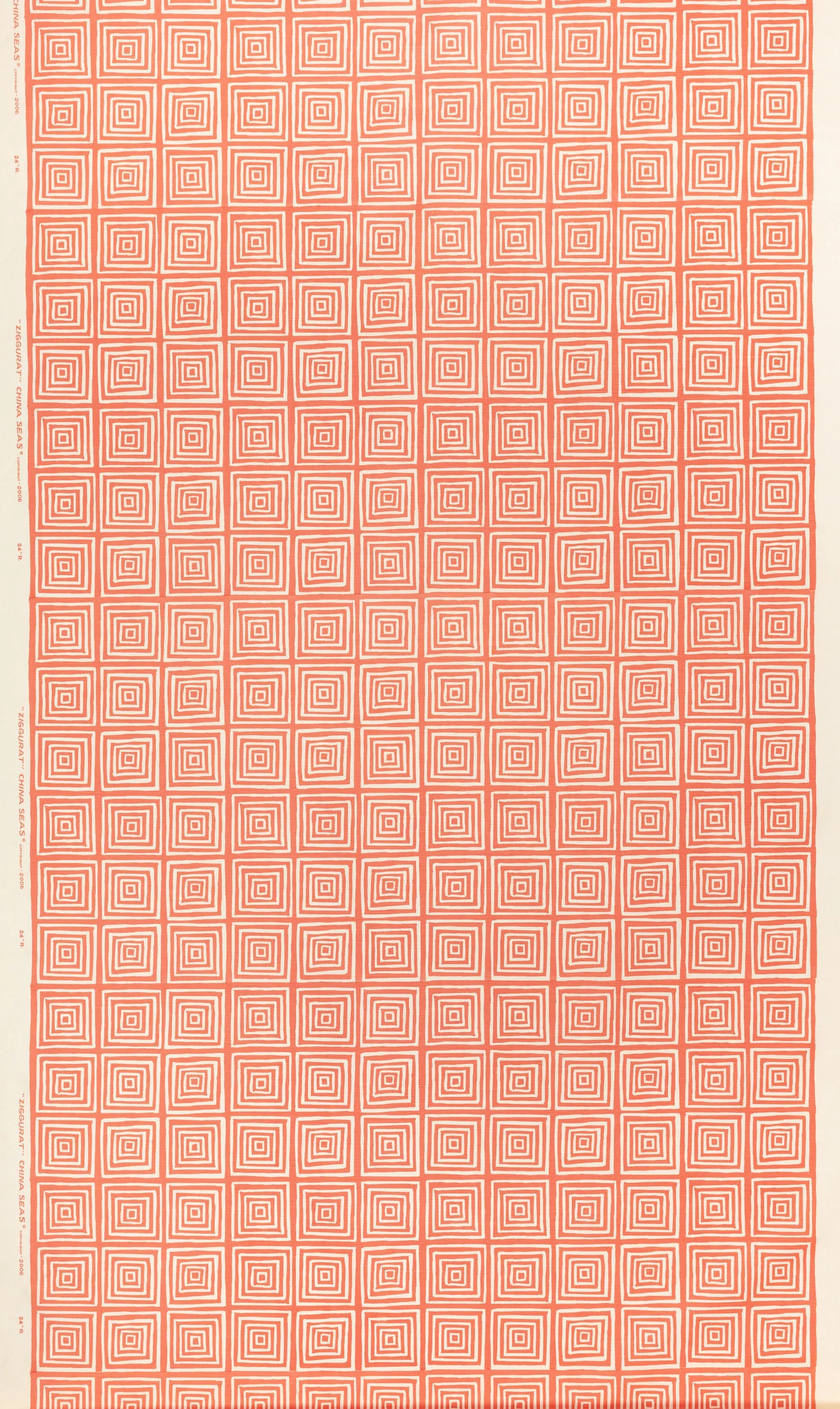 China Seas Fabric: Ziggurat Reverse - Large Scale - Orange on Tinted Belgian Linen / Cotton