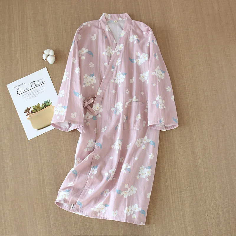 Cotton Gauze Lace-up Home Wear Cotton Moisture-wicking Clothing Kimono Robe