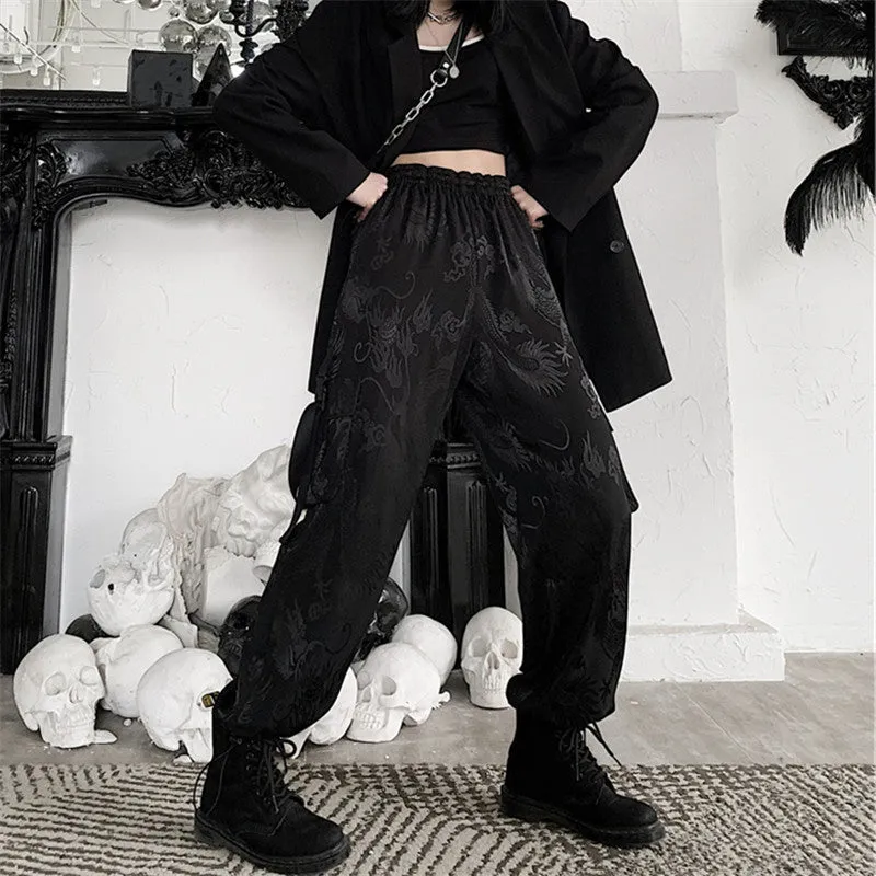 DARK DRAGON PRINT PATTERNED OVERALLS PANTS K071307
