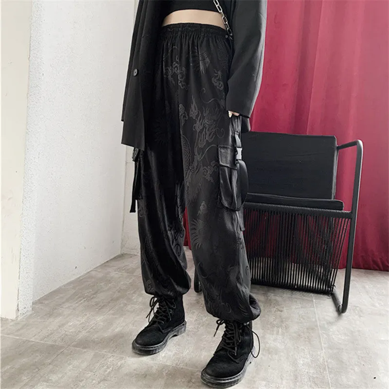 DARK DRAGON PRINT PATTERNED OVERALLS PANTS K071307