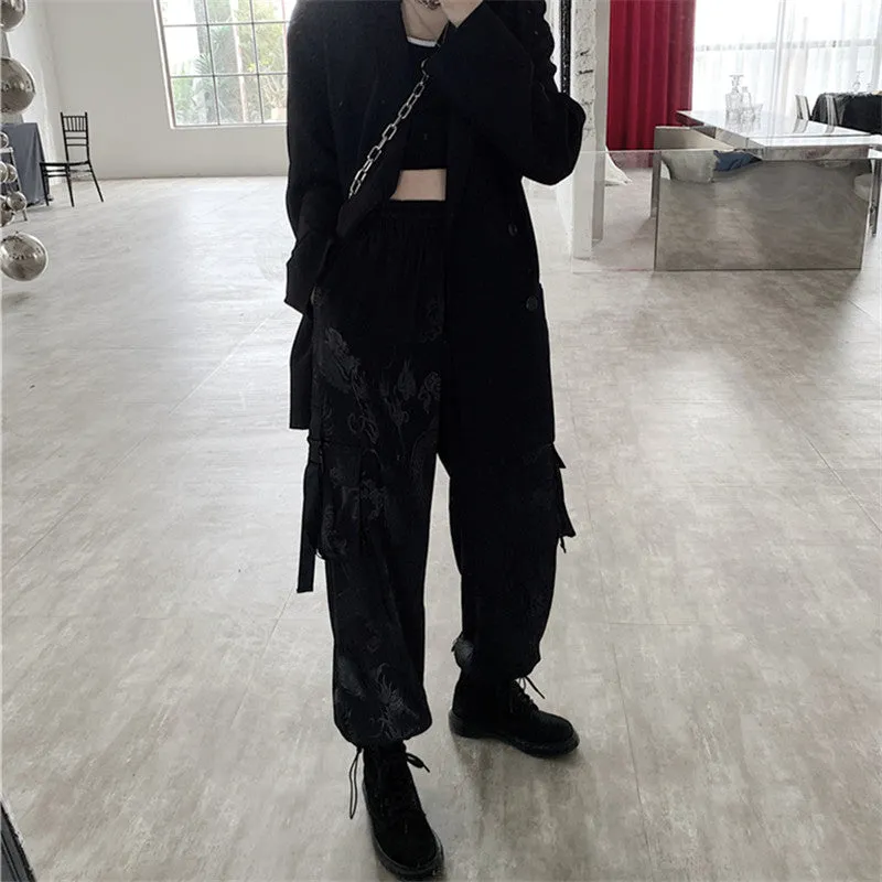 DARK DRAGON PRINT PATTERNED OVERALLS PANTS K071307