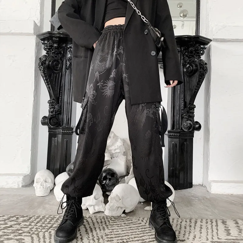 DARK DRAGON PRINT PATTERNED OVERALLS PANTS K071307