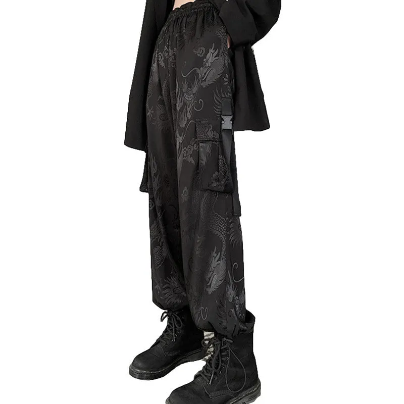 DARK DRAGON PRINT PATTERNED OVERALLS PANTS K071307
