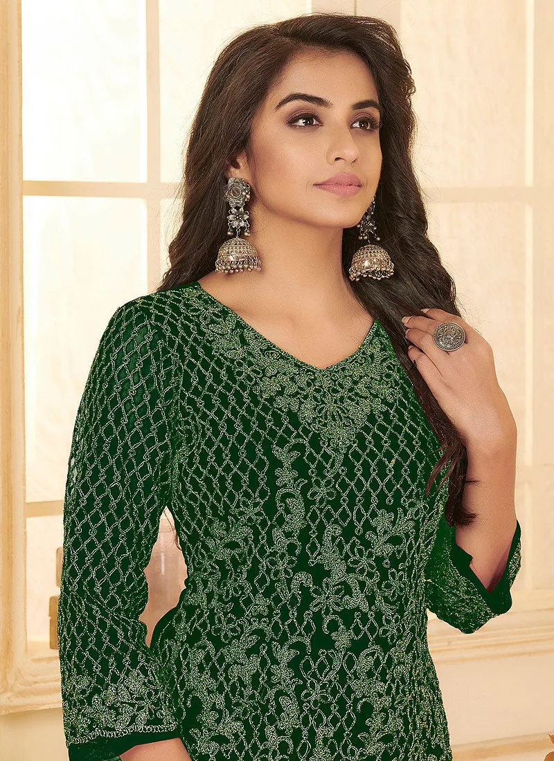 Dark Green Traditional Embroidered Pant style Suit