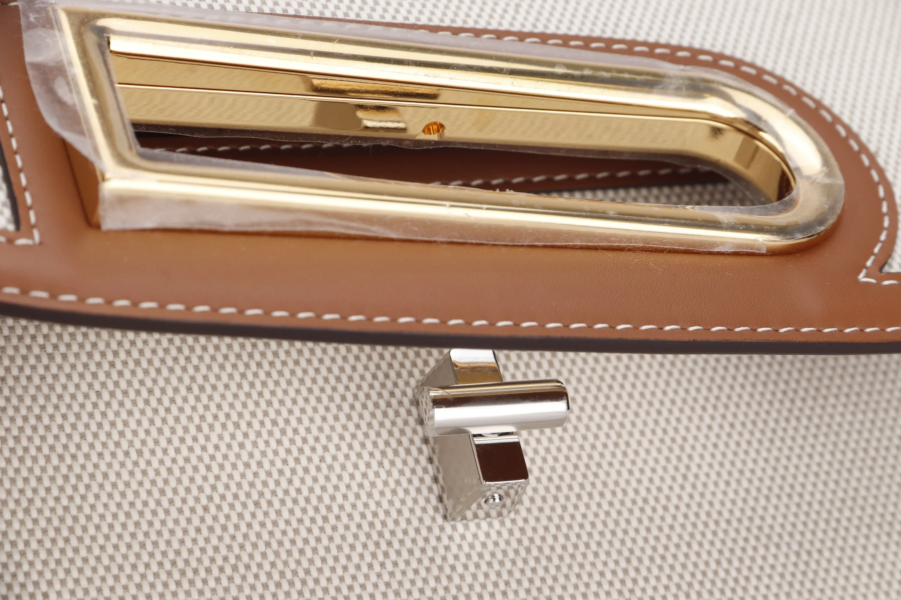 DELVAUX LINGOT PM SIZE, NATURAL CANVAS & OLEN BROWN CALF LEATHER TRIM, WITH DUST COVER & BOX