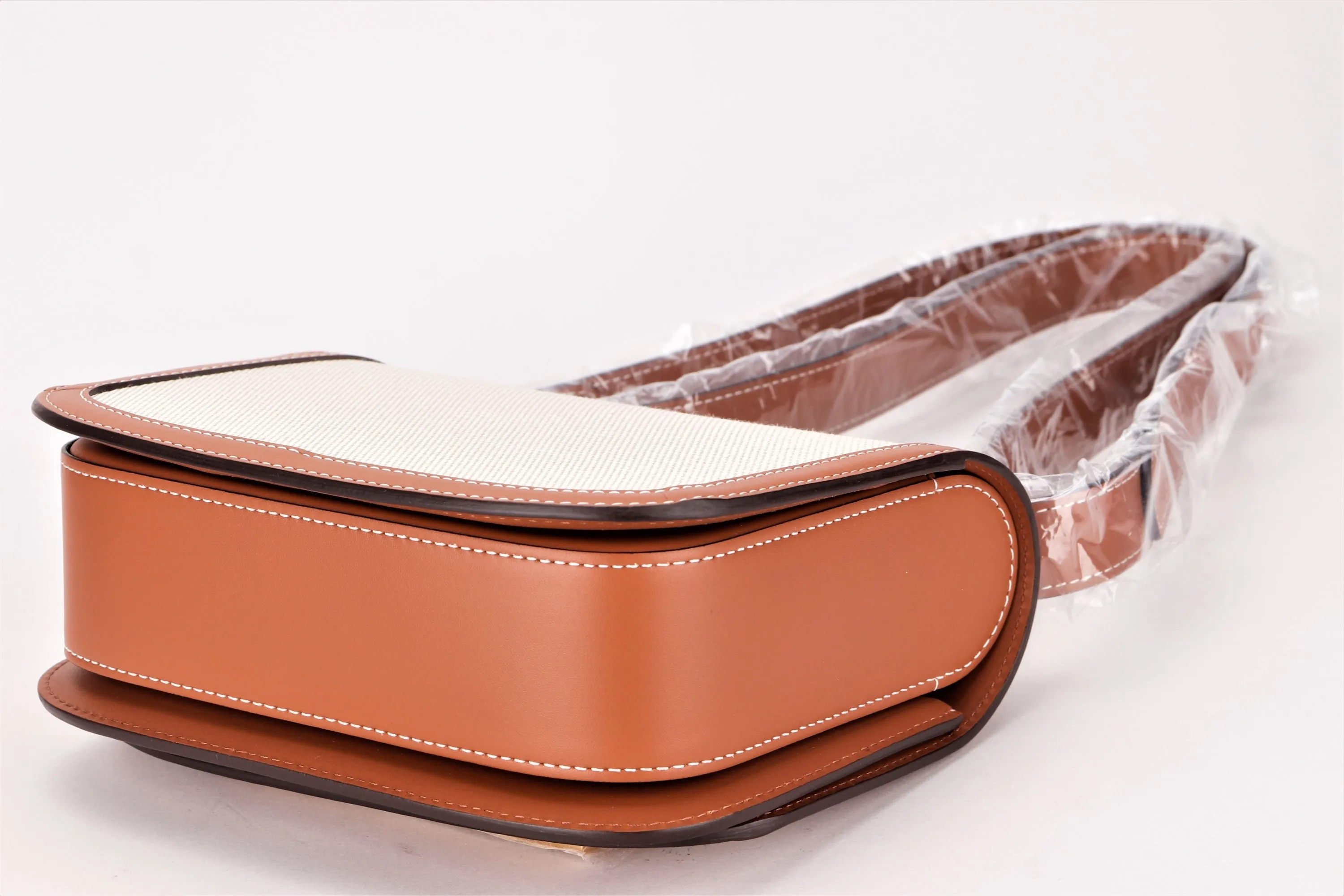 DELVAUX LINGOT PM SIZE, NATURAL CANVAS & OLEN BROWN CALF LEATHER TRIM, WITH DUST COVER & BOX