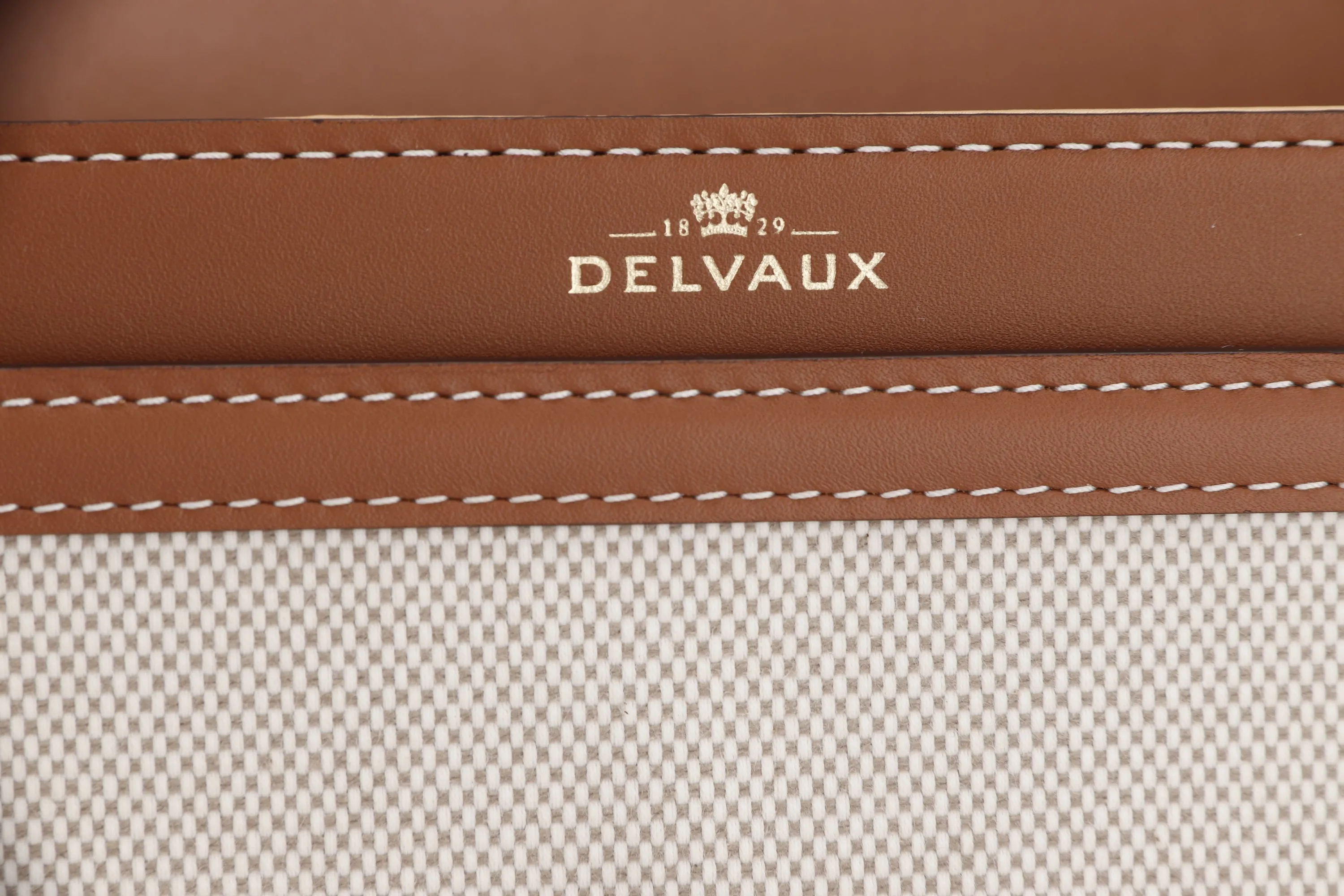 DELVAUX LINGOT PM SIZE, NATURAL CANVAS & OLEN BROWN CALF LEATHER TRIM, WITH DUST COVER & BOX