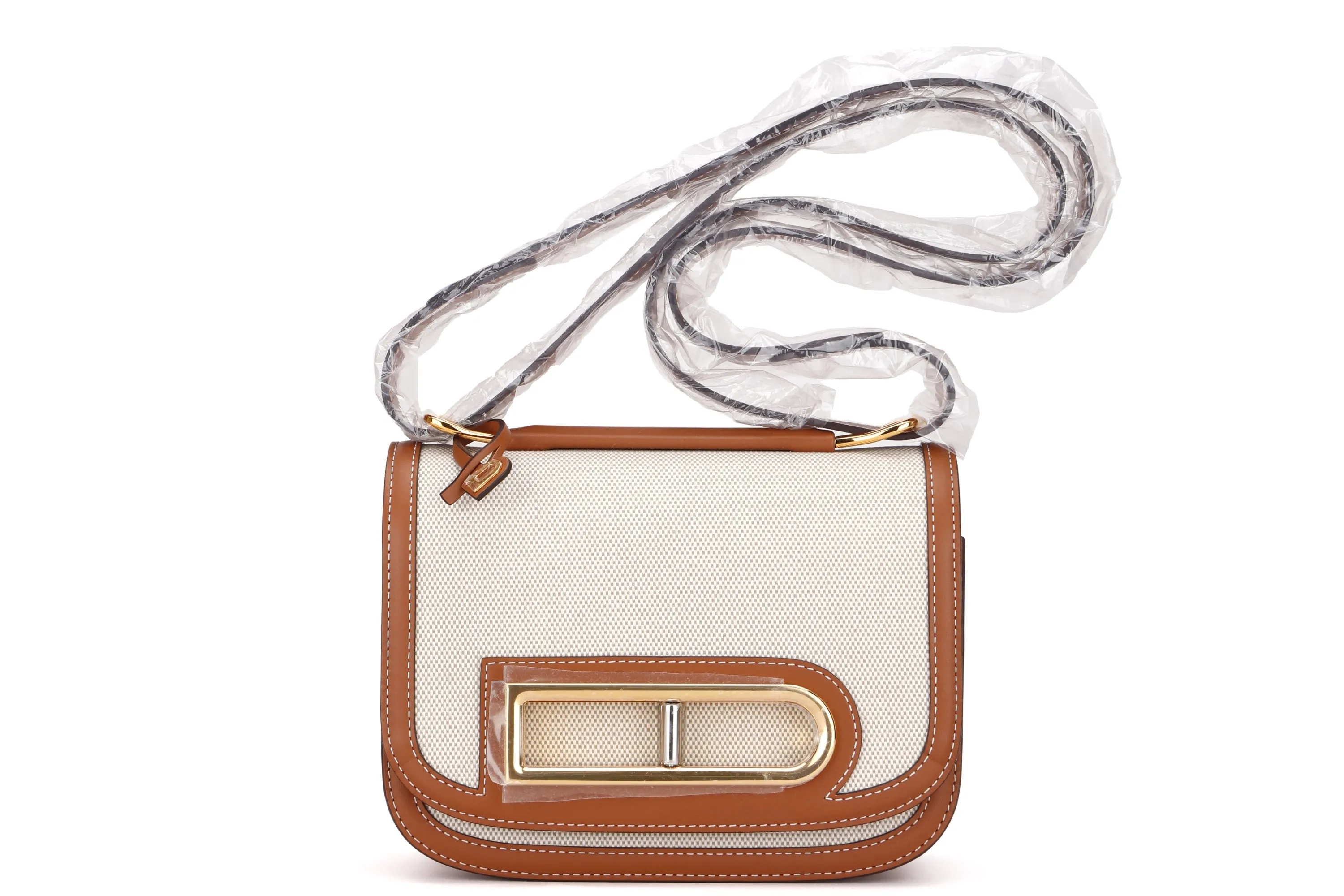 DELVAUX LINGOT PM SIZE, NATURAL CANVAS & OLEN BROWN CALF LEATHER TRIM, WITH DUST COVER & BOX