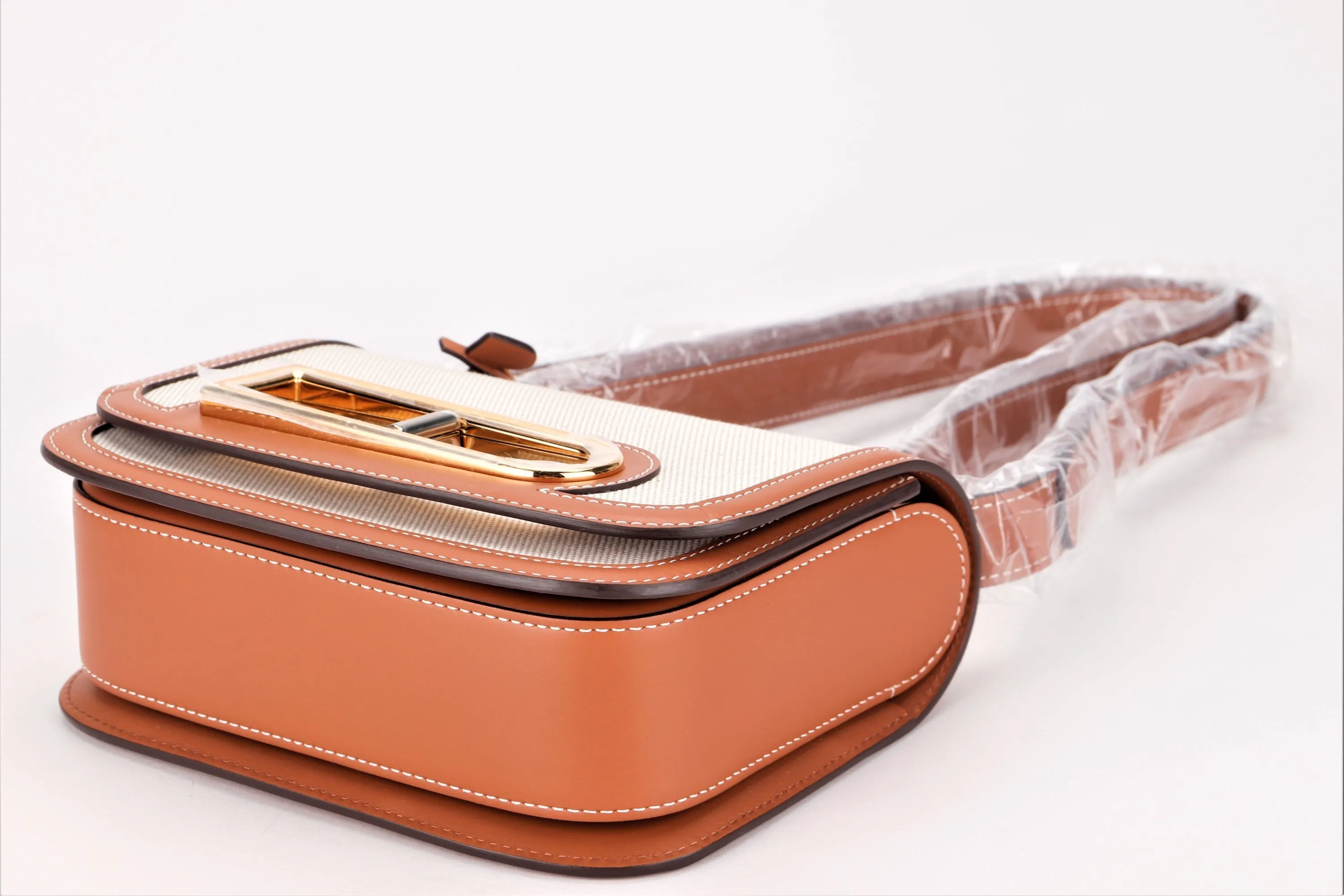 DELVAUX LINGOT PM SIZE, NATURAL CANVAS & OLEN BROWN CALF LEATHER TRIM, WITH DUST COVER & BOX