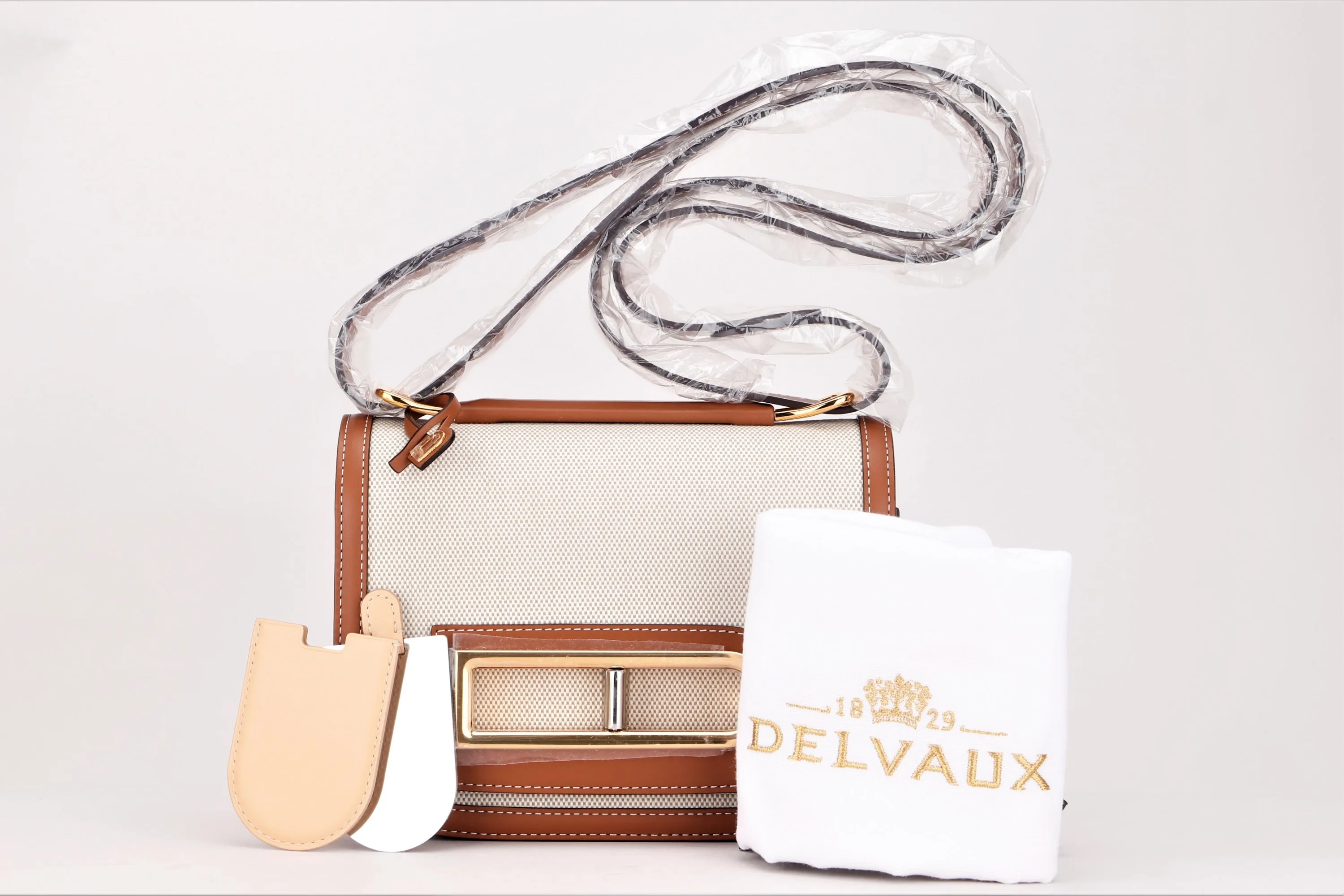 DELVAUX LINGOT PM SIZE, NATURAL CANVAS & OLEN BROWN CALF LEATHER TRIM, WITH DUST COVER & BOX