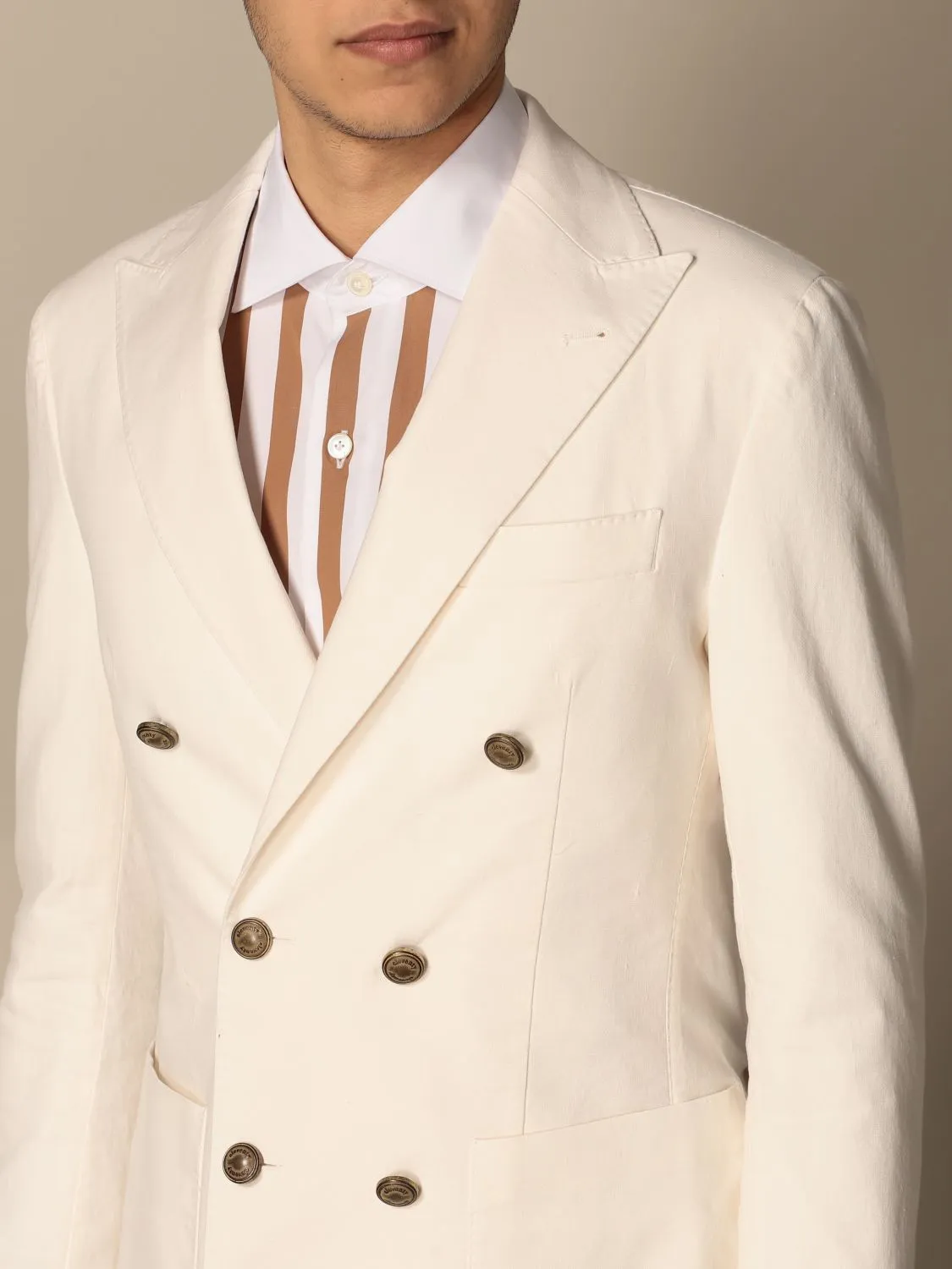 ELEVENTY - Double-Breasted Ivory COTTON / LINEN Gold Button Suit - 40R