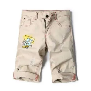 Five-pocket Ripped Letter Print Shorts - Beige 30