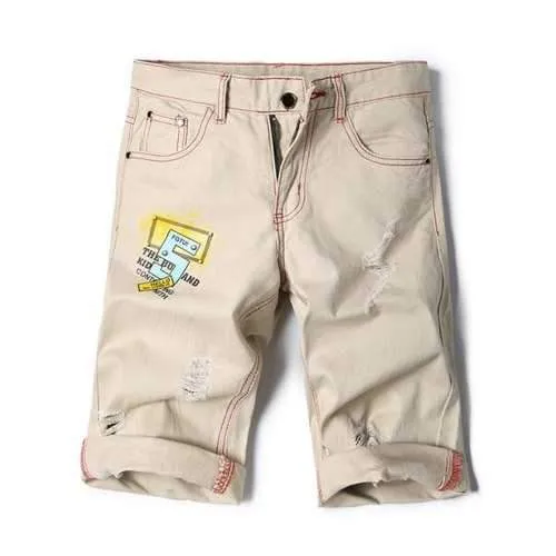Five-pocket Ripped Letter Print Shorts - Beige 30