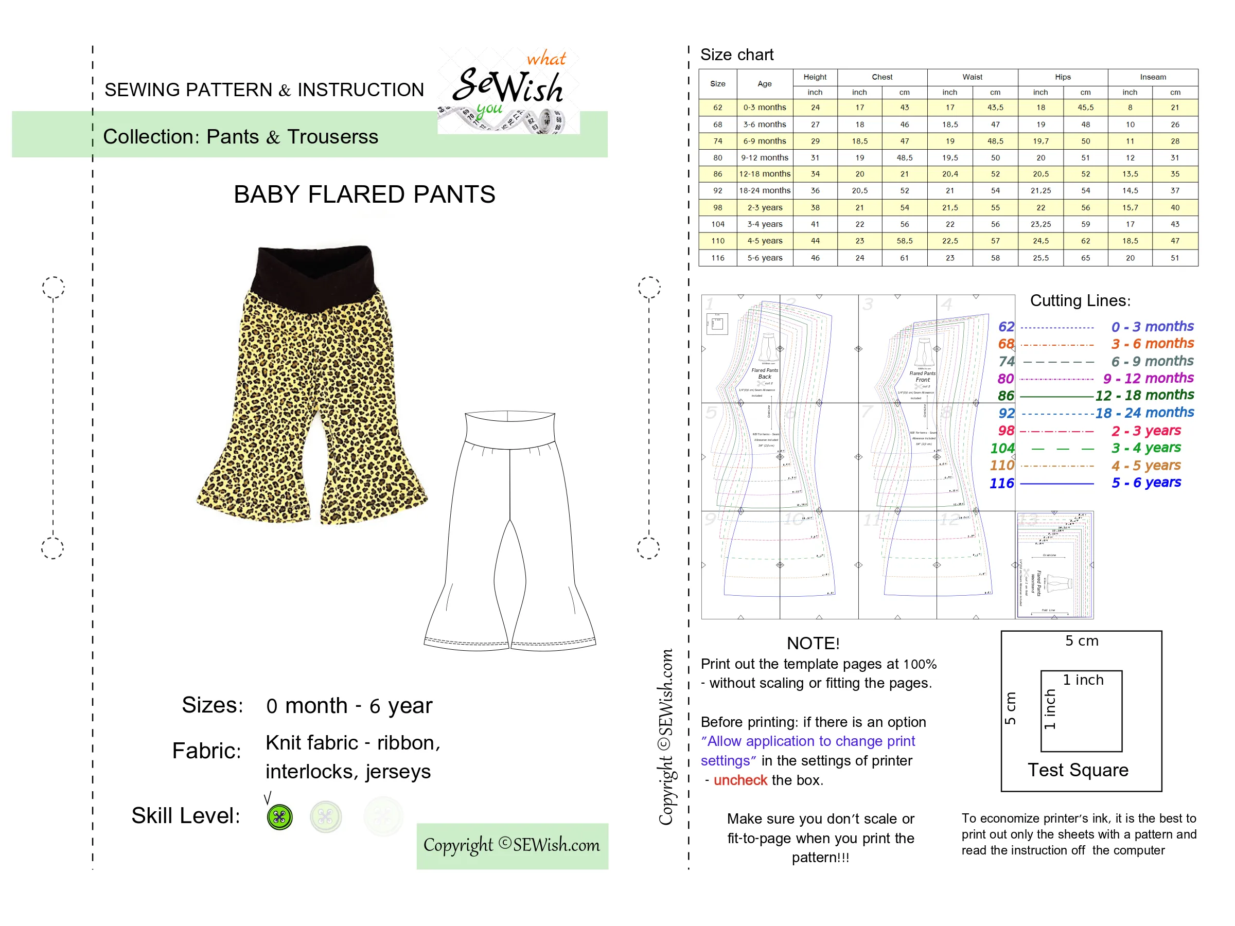Flared Baby Pants Sewing Patterns,  Baby Hat Sewing Patterns, Sizes 0 Month-6 YEARS