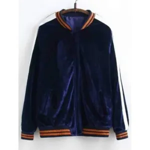 Floral Embroidered Velvet Baseball Jacket - Purplish Blue L