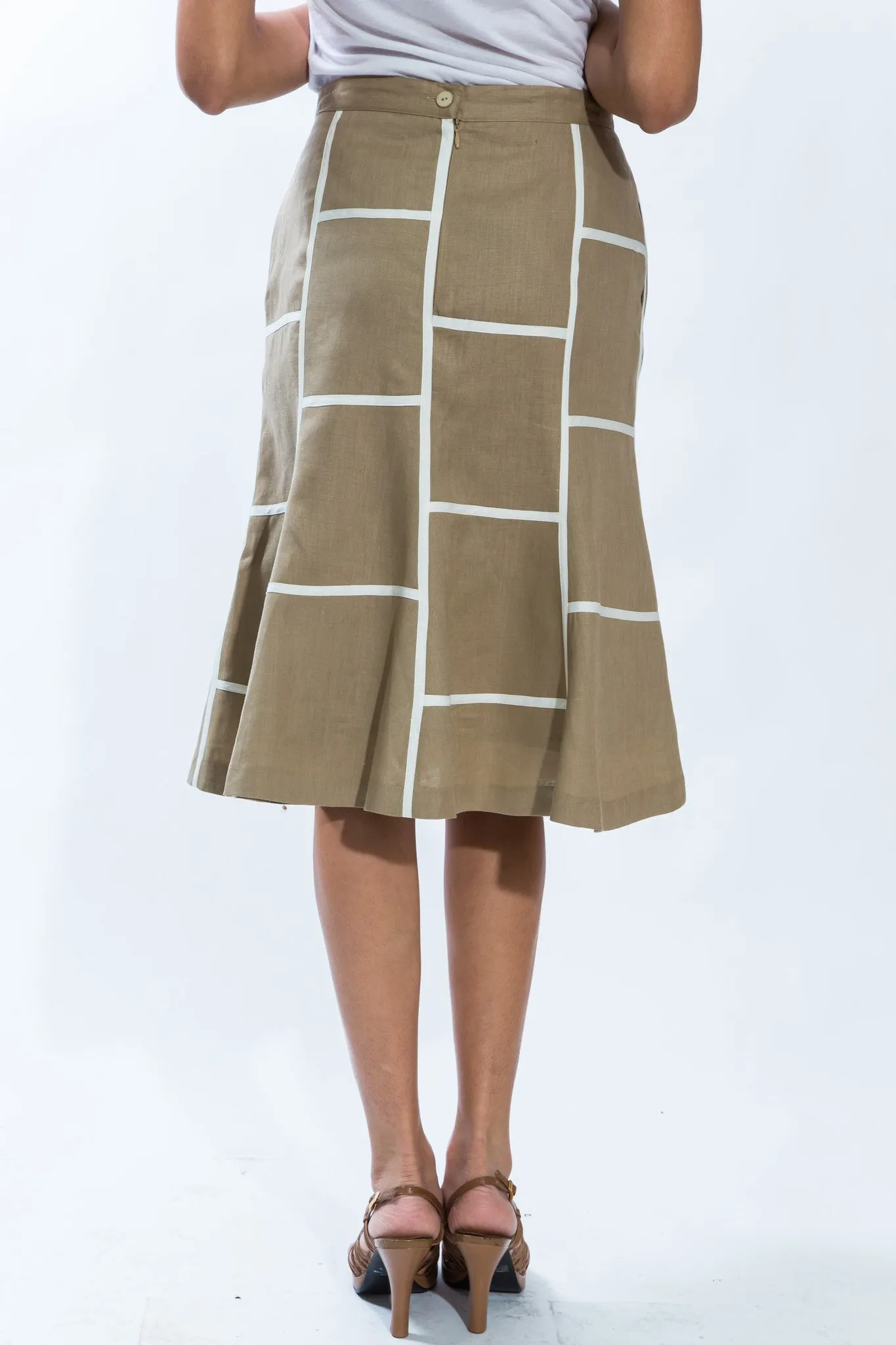 Geometric Flare Skirt 100% Linen - Style 1724  (Khaki)