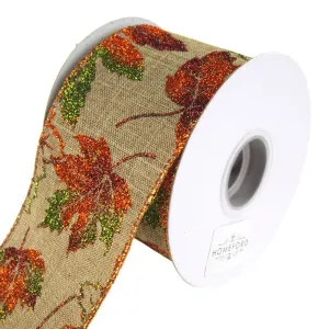 Glitter Leaves Linen Wired Ribbon, 2-1/2-Inch, 10 Yards