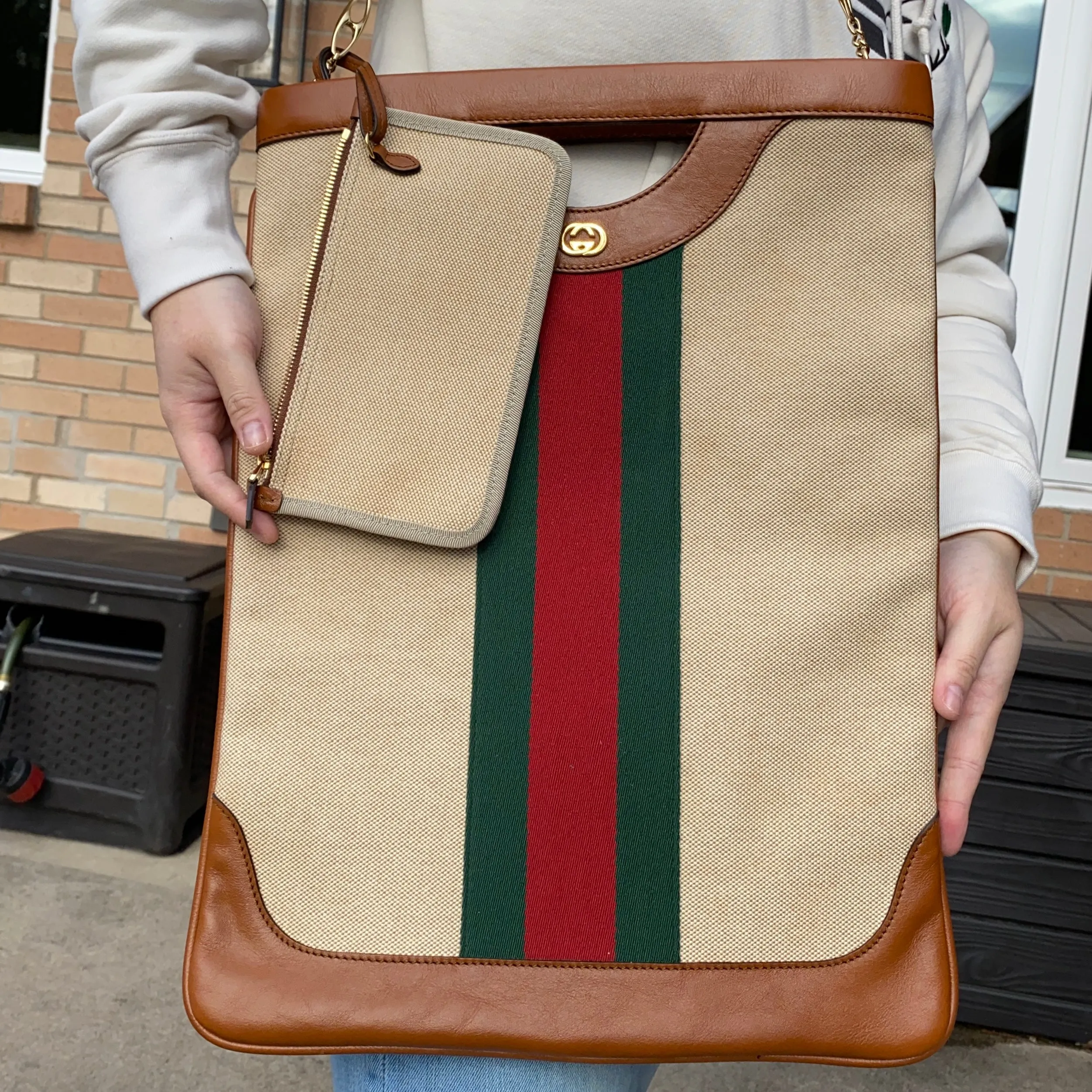 Gucci Interlocking GG Canvas Shoulder Bag with Gold Link Chain