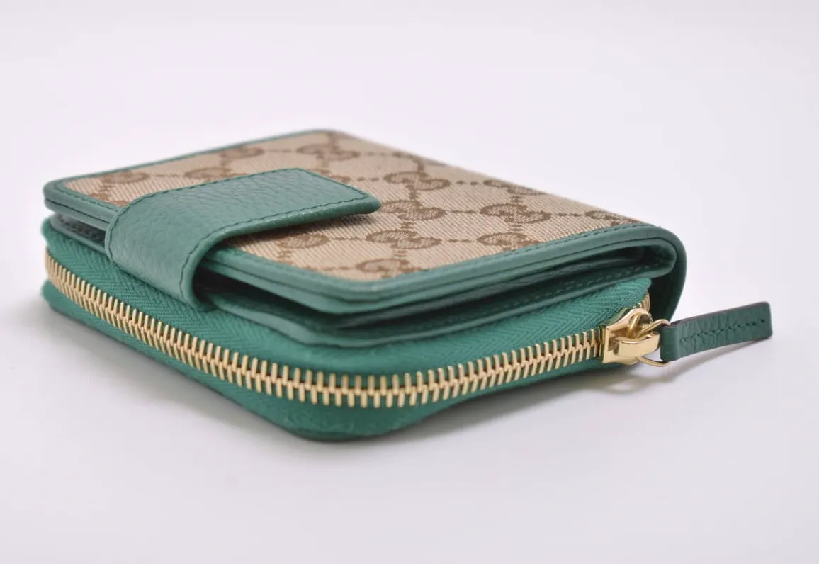Gucci Original GG Canvas French Wallet in Beige and Emerald Green