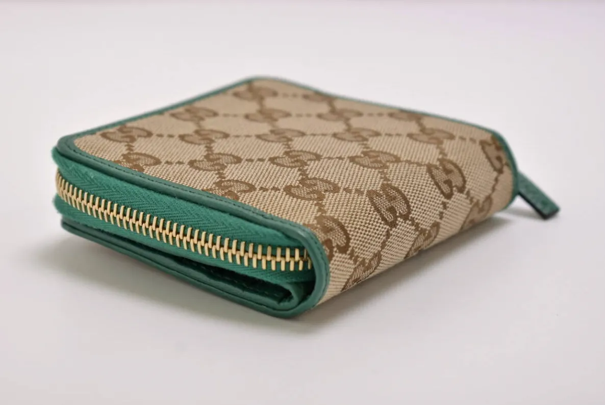 Gucci Original GG Canvas French Wallet in Beige and Emerald Green