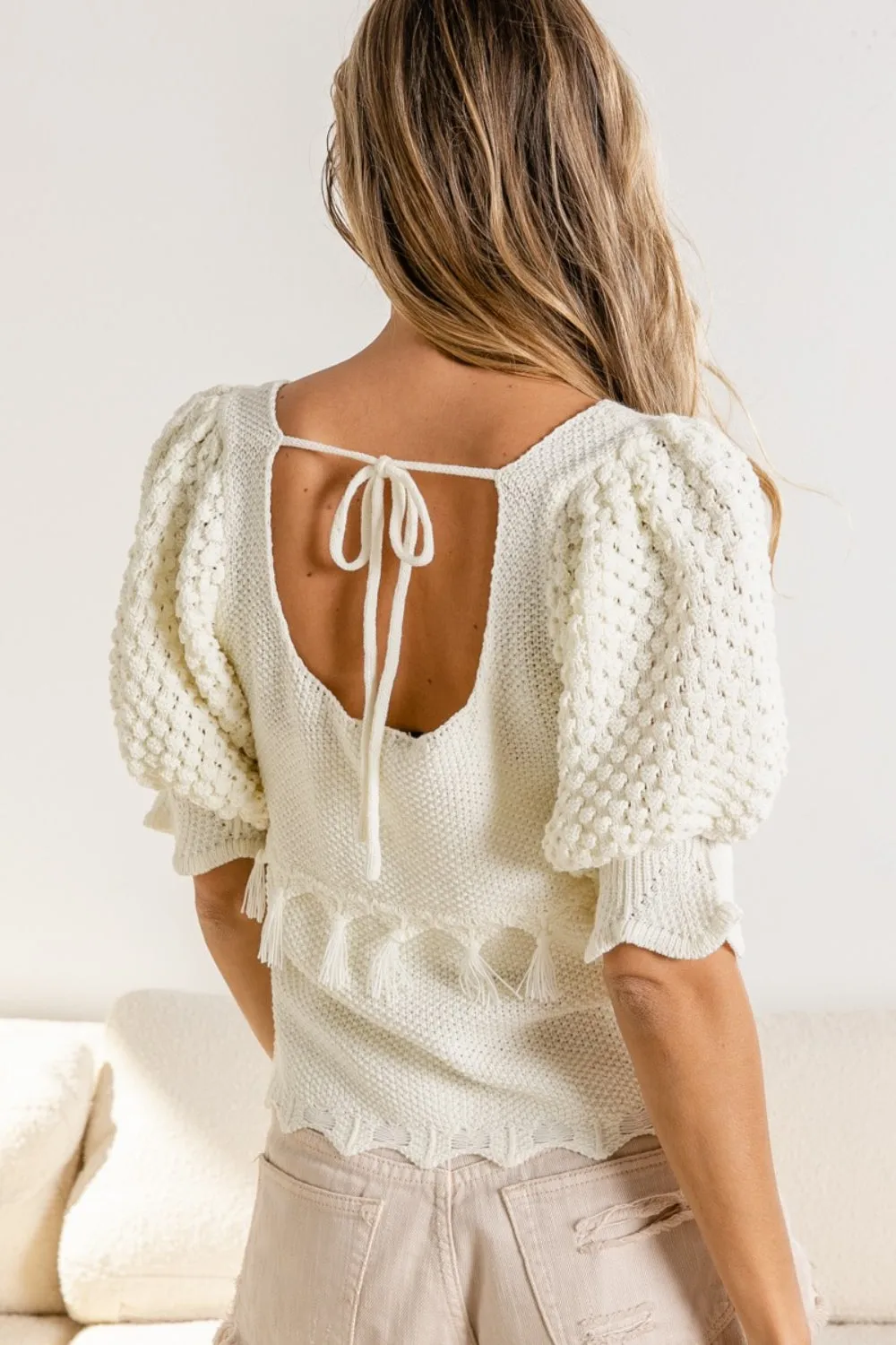 Hazel Blues® |  BiBi Tassel Detail Textured Square Neck Sweater