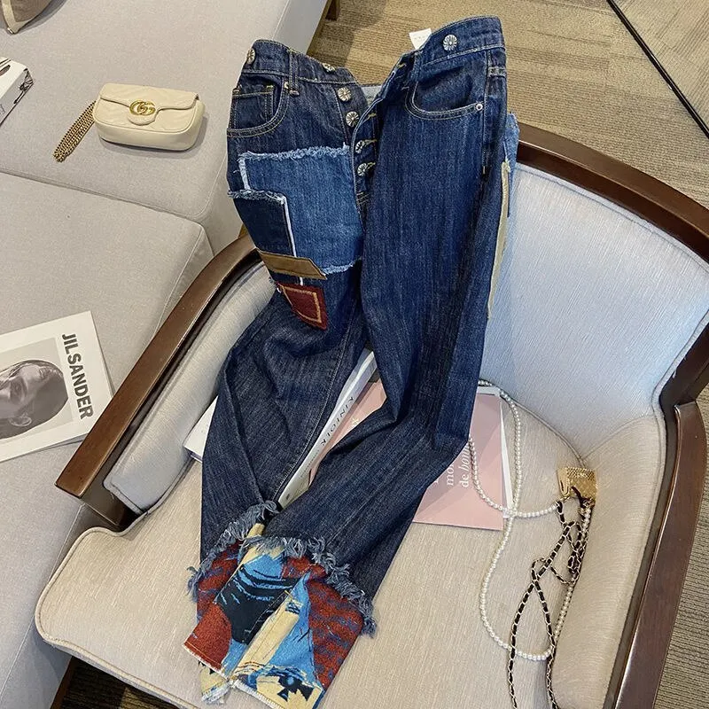 High Waist Contrast Printed Denim Trousers Women Spring 2022